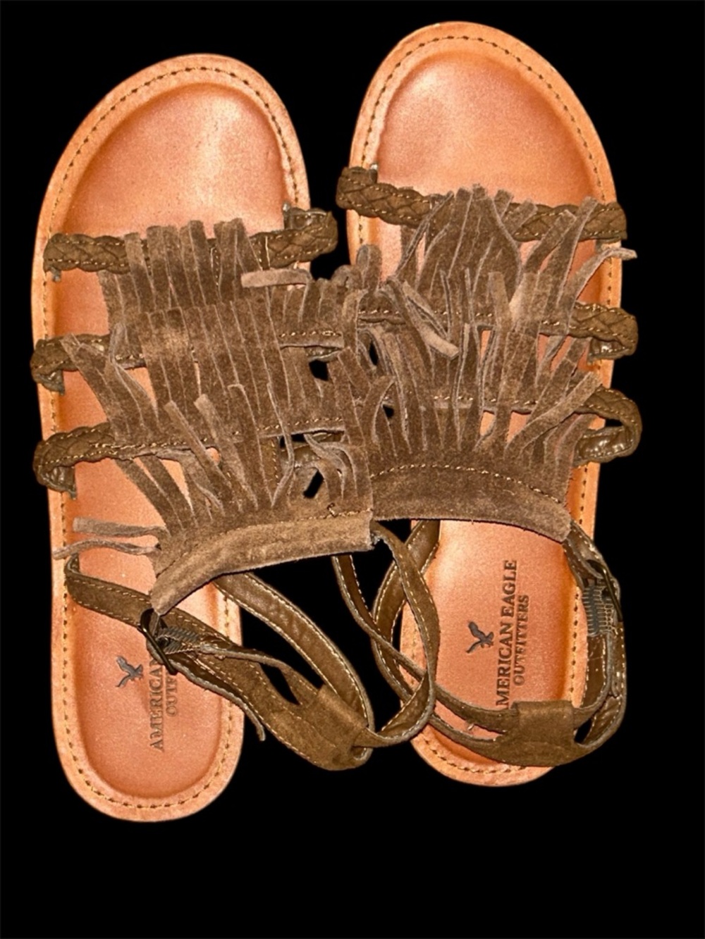 American Eagle Brown Suede Fringe Gladiator Sandals Braided  Women's Size 9